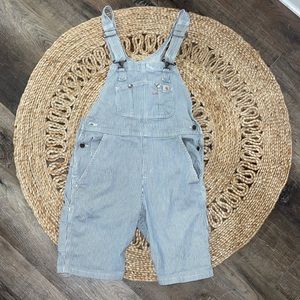 CARHARTT RUGGED FLEX. RELAXED FIT DENIM RAILROAD STRIPE BIB OVERALL SHORTS.